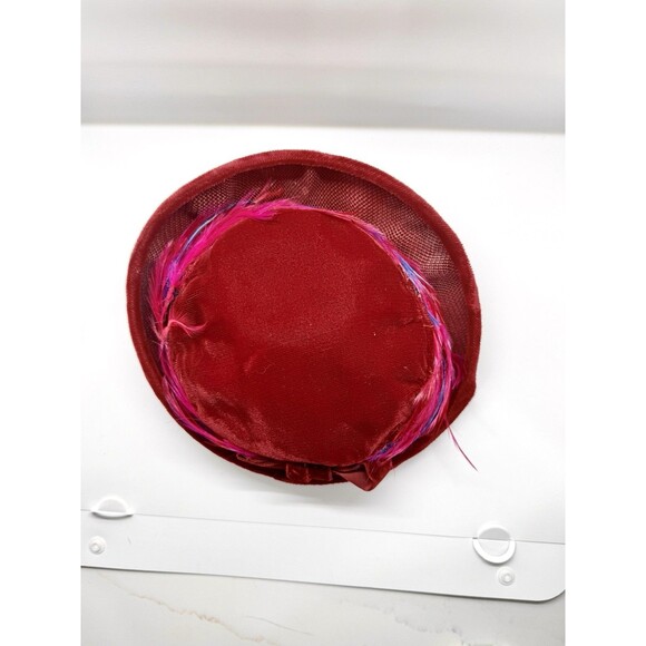 Vintage Red Velvet Feather Cocktail Hat Union Made Mid Century Church - Picture 10 of 12